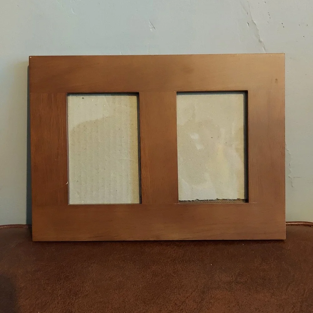 Wooden Double Picture Frame Brown 2 Opening Wall Mount 12.75x9.25 Made Thailand